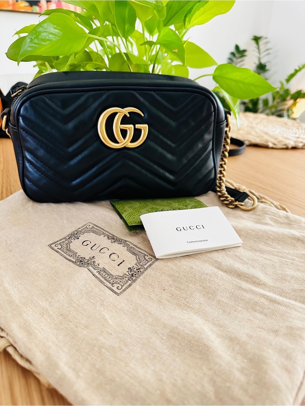 Gucci Black Chevron GG Marmont Camera Crossbody with Gold Hardware